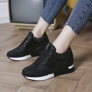 Glitter Mesh Wedge Sneakers with Height-Increasing Sole