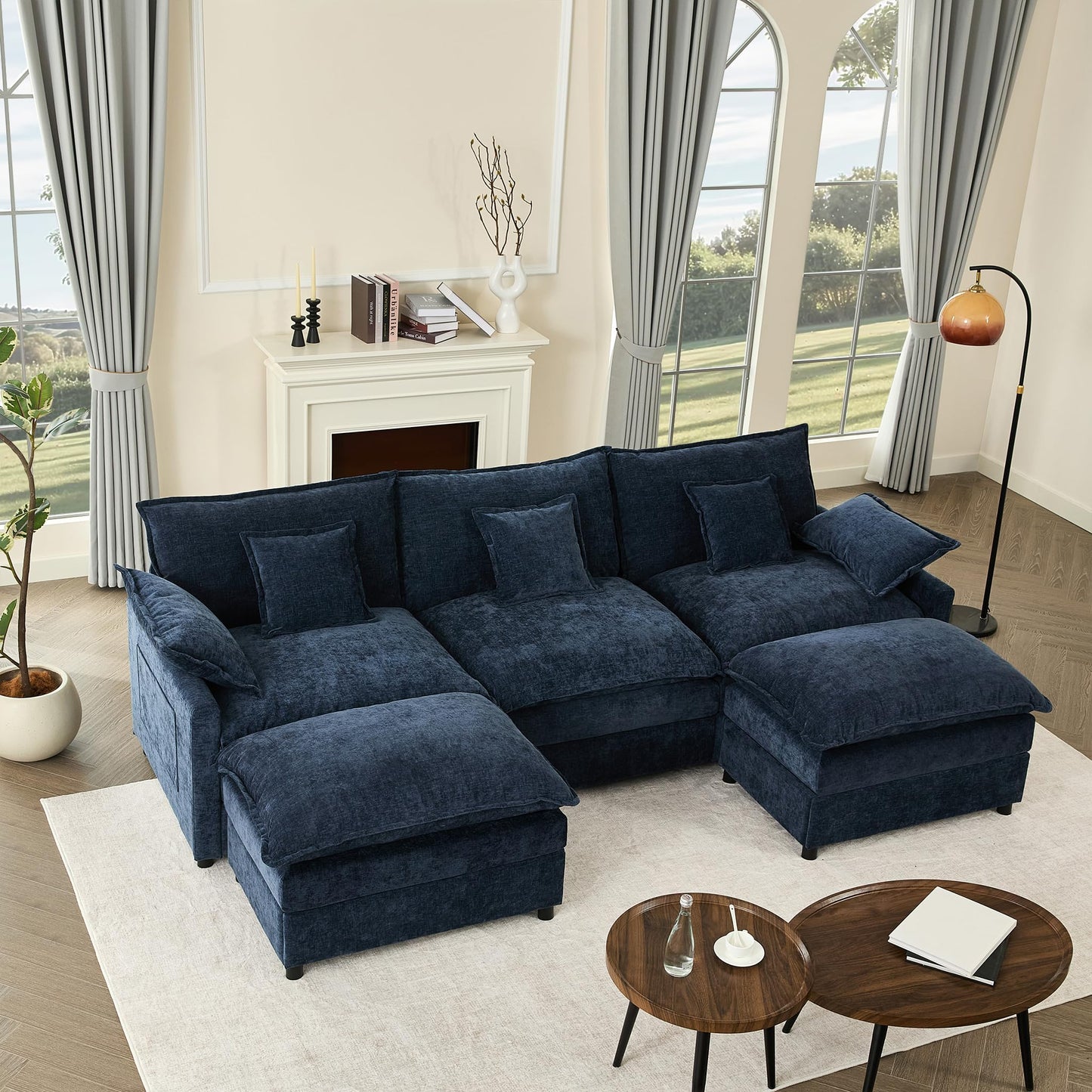 GOSUHI 142.5" U-Shaped Modular Cloud Couch, Deep Seat, Chenille Black | Cloud Comfort, Couches for Living Room, Removable & Machine-Washable Covers, Movable Ottoman, Modular Sectional Sofa
