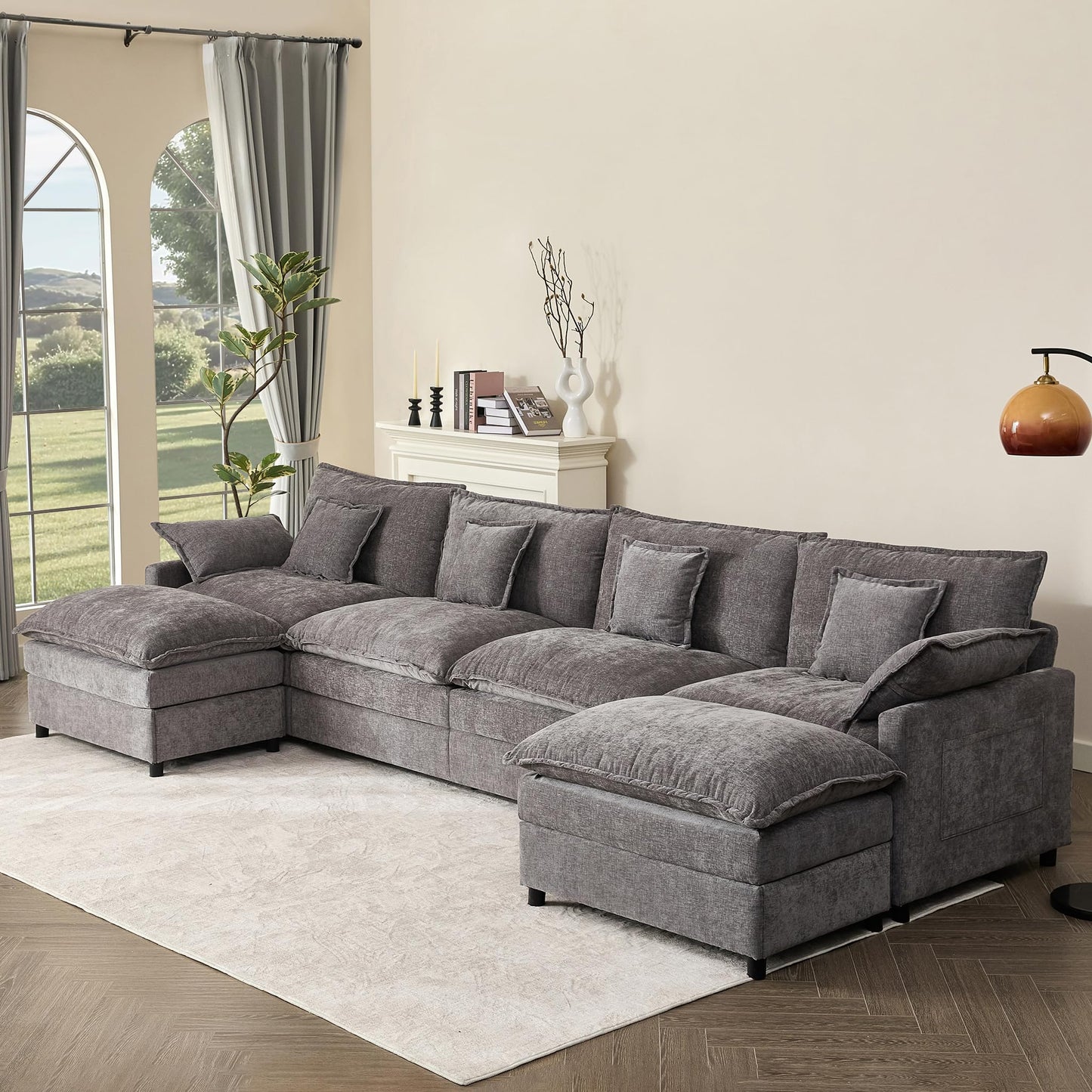 GOSUHI 142.5" U-Shaped Modular Cloud Couch, Deep Seat, Chenille Black | Cloud Comfort, Couches for Living Room, Removable & Machine-Washable Covers, Movable Ottoman, Modular Sectional Sofa