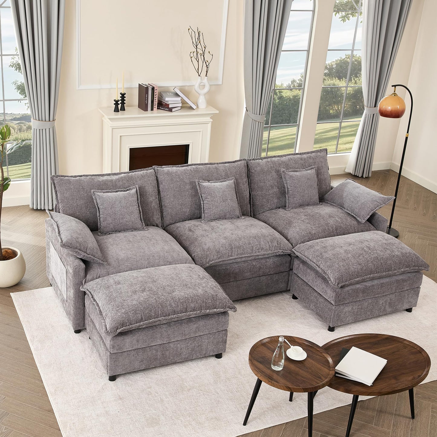 GOSUHI 142.5" U-Shaped Modular Cloud Couch, Deep Seat, Chenille Black | Cloud Comfort, Couches for Living Room, Removable & Machine-Washable Covers, Movable Ottoman, Modular Sectional Sofa