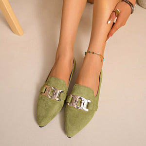Pointed-Toe Suede Loafers with Metallic Chain Detail