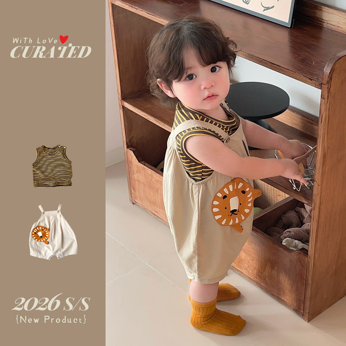 Lion Overalls with Stripe Vest, Two-Piece Set, Children's Summer Clothing eprolo