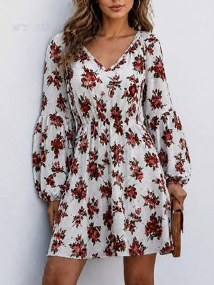 Floral Print V-Neck Long Sleeve Mini Dress