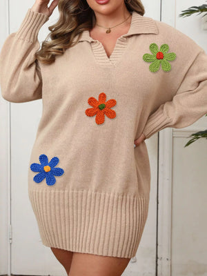 Plus Size Floral Applique Ribbed Hem Sweater Dress