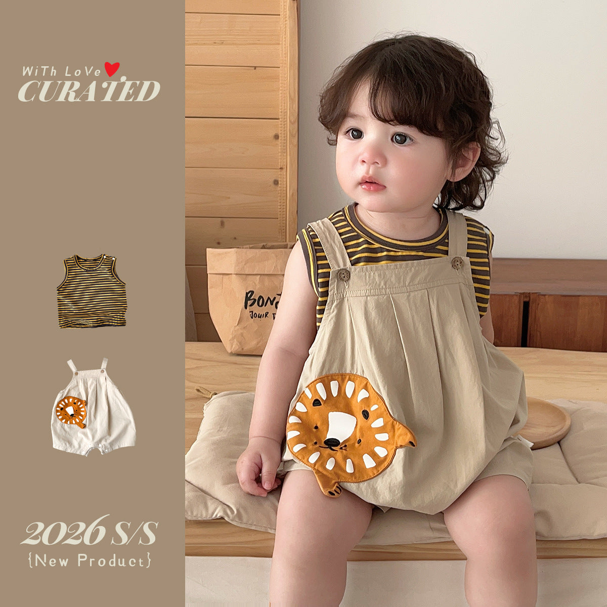 Lion Overalls with Stripe Vest, Two-Piece Set, Children's Summer Clothing eprolo