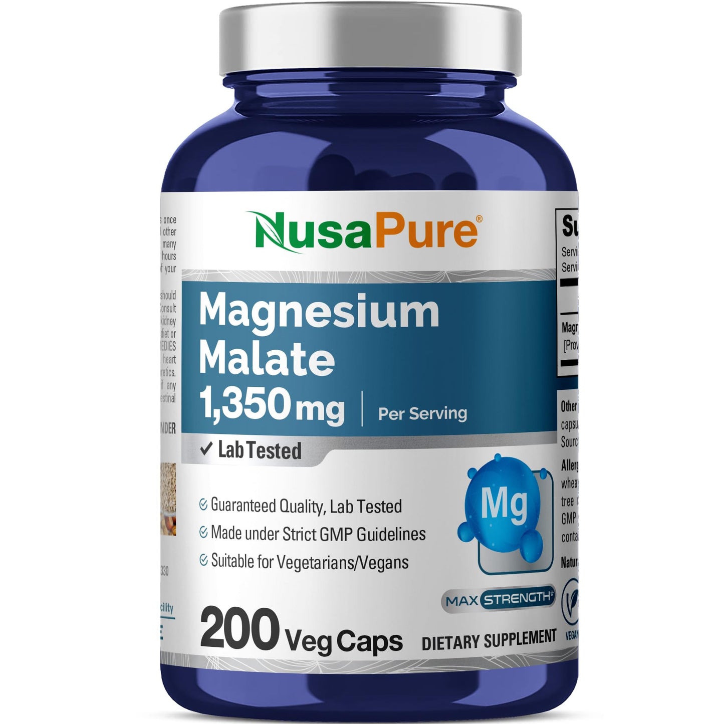 NusaPure Magnesium Malate 1350mg 200 Veggie Capsules (Vegan, Non-GMO, Vegan) NusaPure