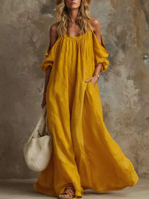 Full Size Cold-Shoulder Linen Maxi Dress Plus Size