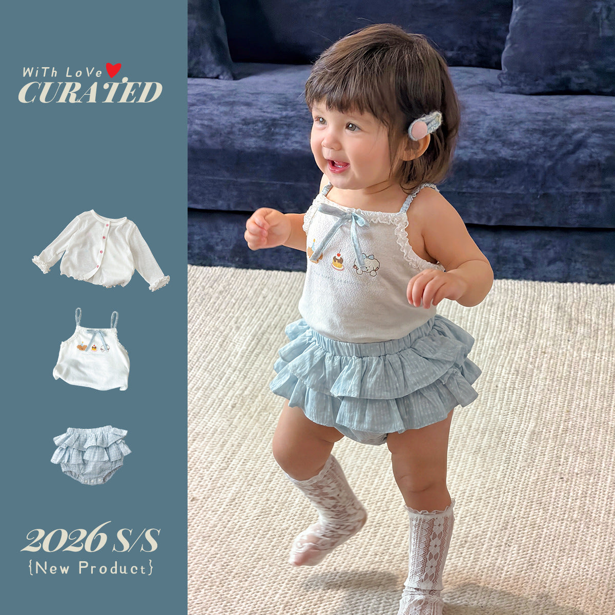 Cute Cartoon Strap Ruffle Bloomers Dress Set for Girls Kids Clothing, Summer Outfit Two-Piece Set eprolo