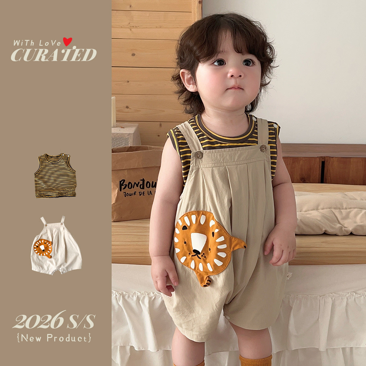 Lion Overalls with Stripe Vest, Two-Piece Set, Children's Summer Clothing eprolo