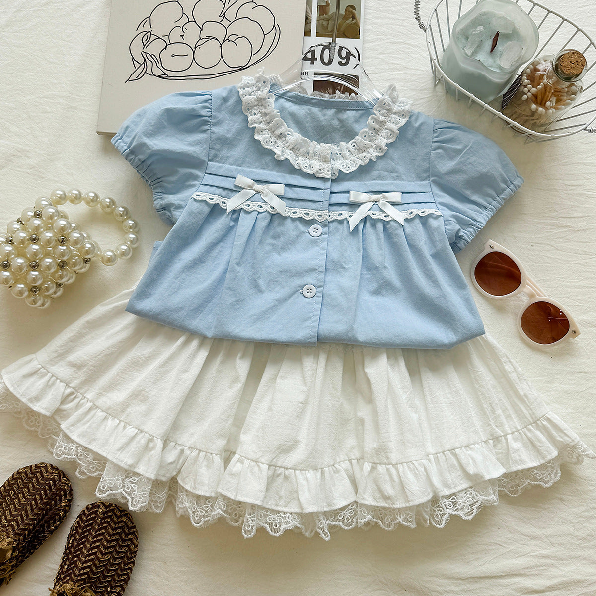 Lace Stand Collar Puff Sleeve Doll Shirt Set for Kids Cake Skirt Two-Piece Set eprolo