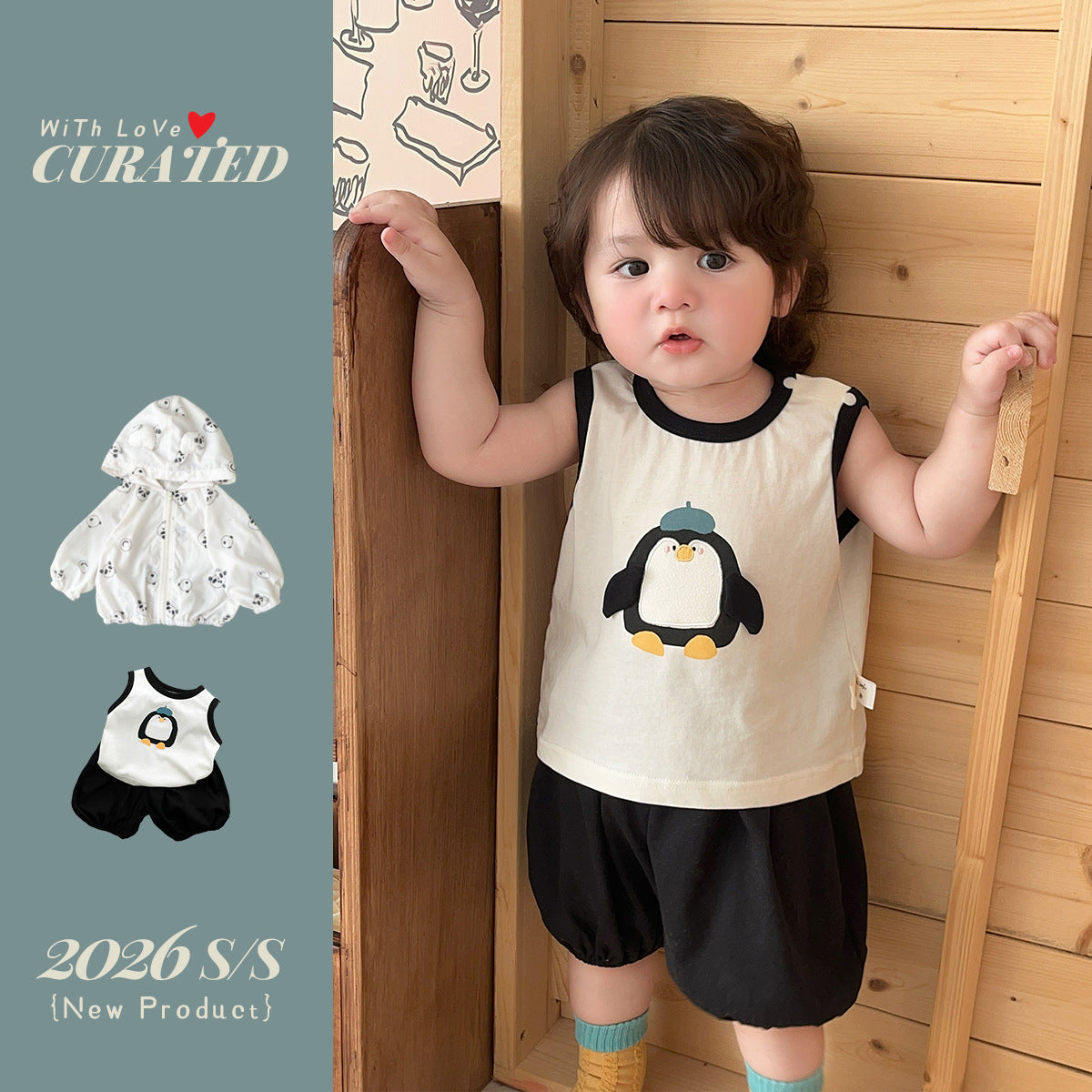 Baby Boy Simple Sporty Outfit Set Sleeveless Cartoon Tank Top, Lightweight Sun Protection Three-Piece Set eprolo