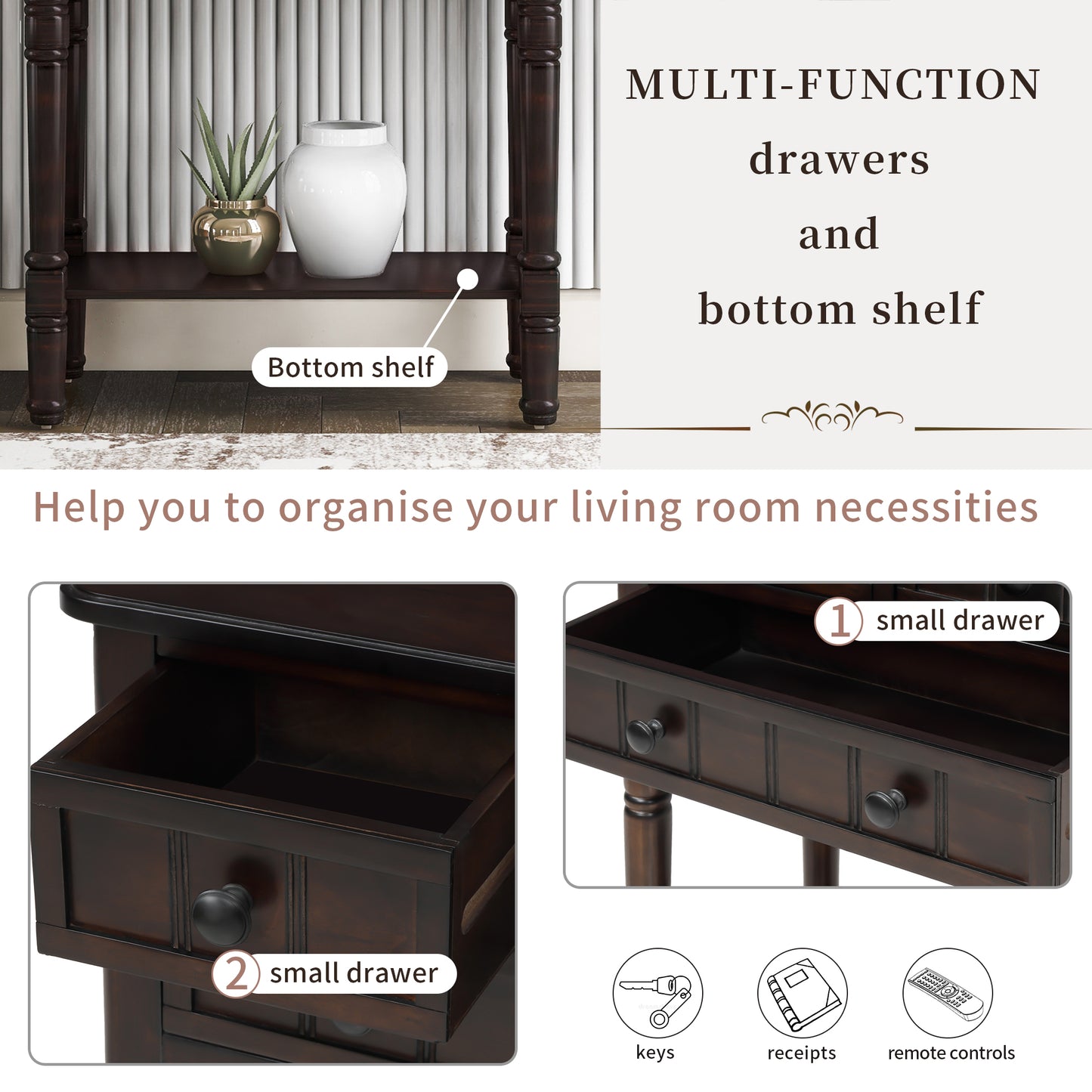 TREXM Narrow Console Desk, Ultra Thin Sofa Table with Three Storage Drawers and Living Room Bottom Shelves (Espresso)