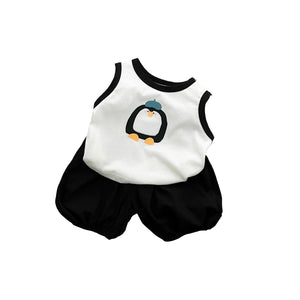 Baby Boy Simple Sporty Outfit Set Sleeveless Cartoon Tank Top, Lightweight Sun Protection Three-Piece Set