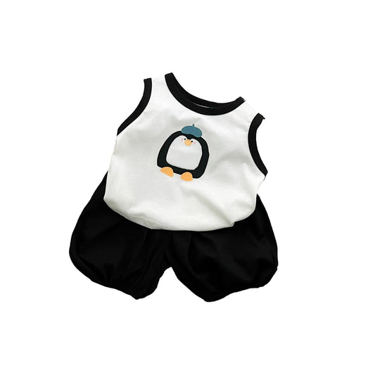 Baby Boy Simple Sporty Outfit Set Sleeveless Cartoon Tank Top, Lightweight Sun Protection Three-Piece Set eprolo