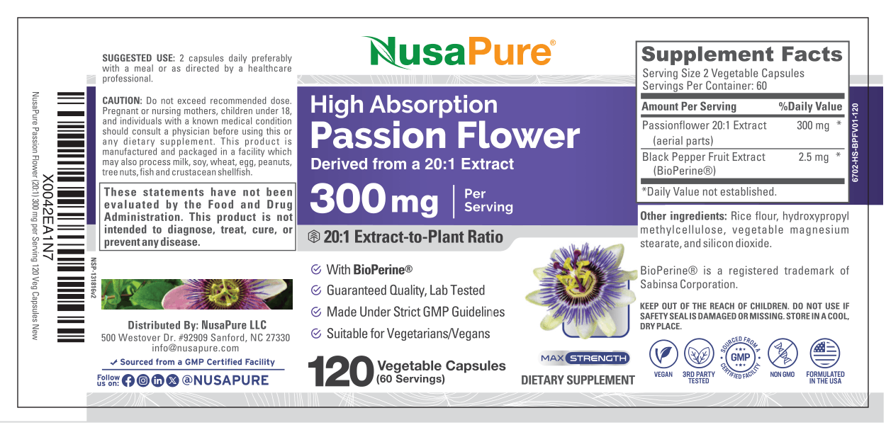 NusaPure Passion Flower 20:1 Extract, 300 mg, 120 Veggie Caps, Non-GMO, Bioperine, Extract Supplement NusaPure
