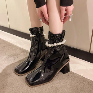 Beaded Strap Chain Boots Autumn and Winter 2022 New Fashion Women's Boots Thick Heel Boots Ankle Boots Women's Women Boots