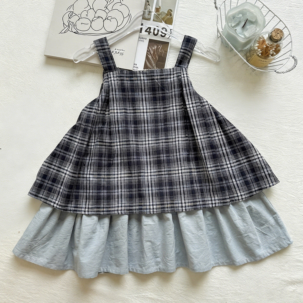 Chic Girl's Square Neck Lace Patchwork Double-Layer Hem Plaid Strap Dress with Wide Shoulder Straps eprolo