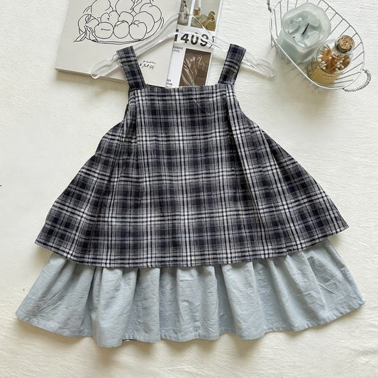 Chic Girl's Square Neck Lace Patchwork Double-Layer Hem Plaid Strap Dress with Wide Shoulder Straps eprolo