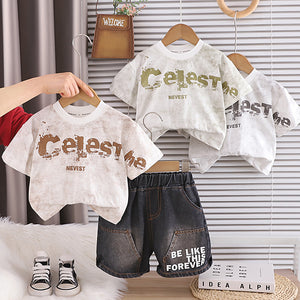 Two piece set of children's letter round neck short sleeved shorts