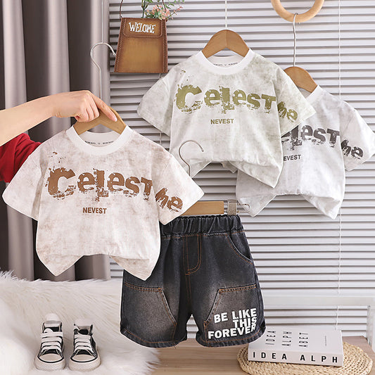 Two piece set of children's letter round neck short sleeved shorts eprolo