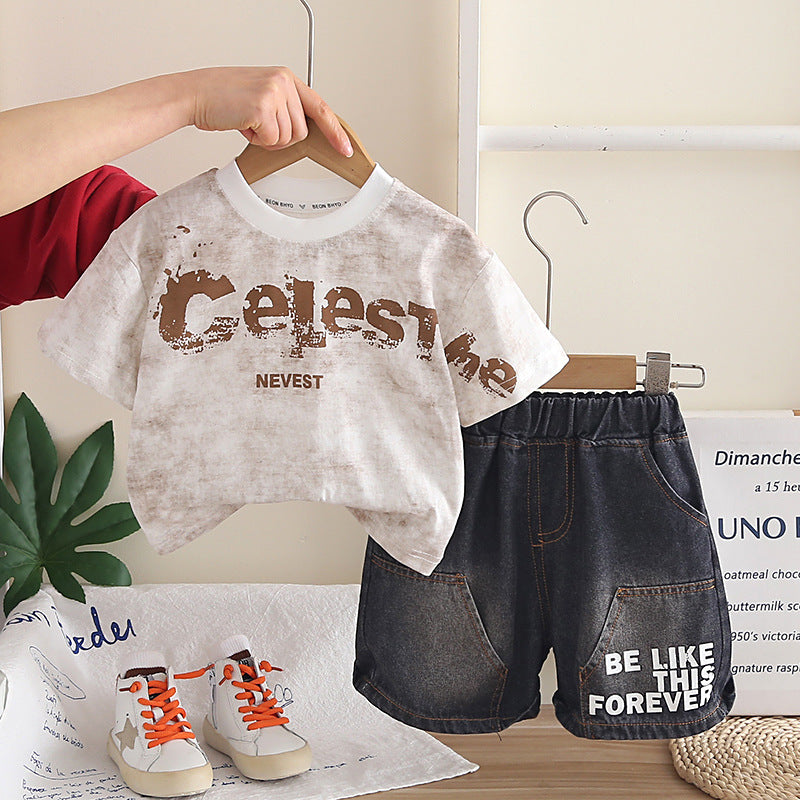 Two piece set of children's letter round neck short sleeved shorts eprolo