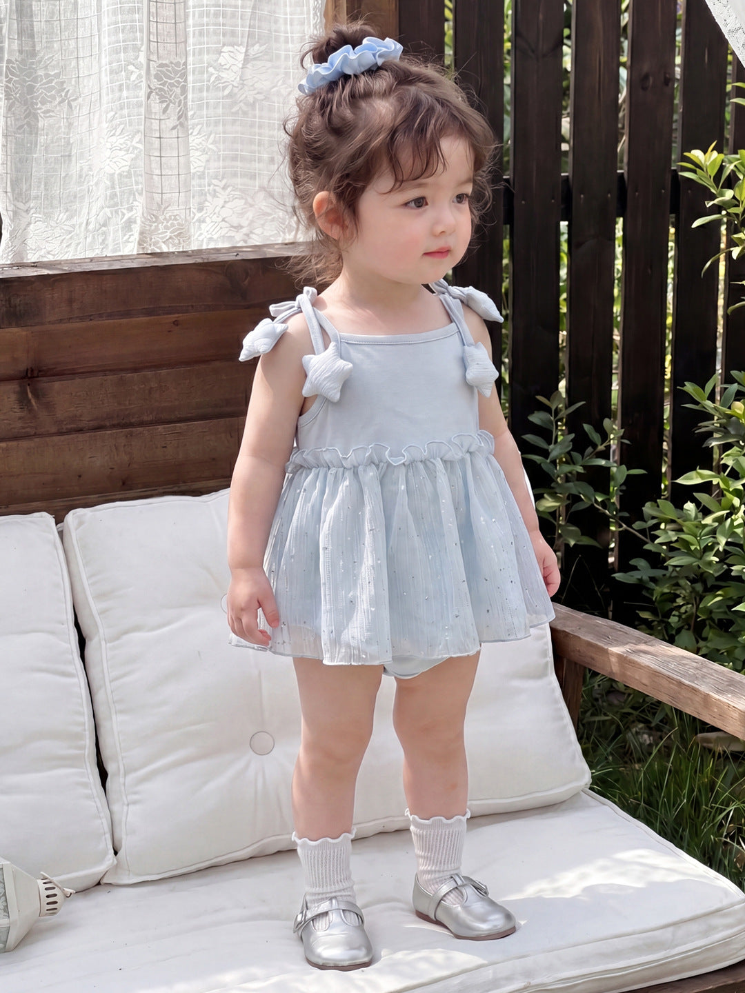 Romper with Star Sequin Tulle Dress, Sleeveless Bodysuit for Infants and Toddlers, Outing Crawling Suit, Girl's Straps One-Piece Clothing eprolo