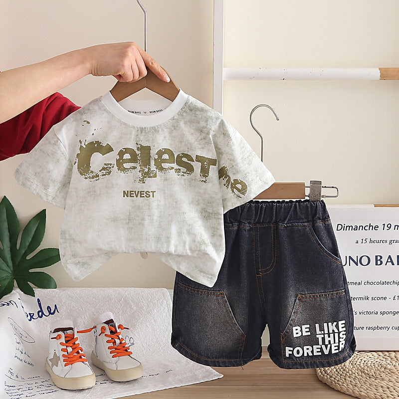 Two piece set of children's letter round neck short sleeved shorts eprolo