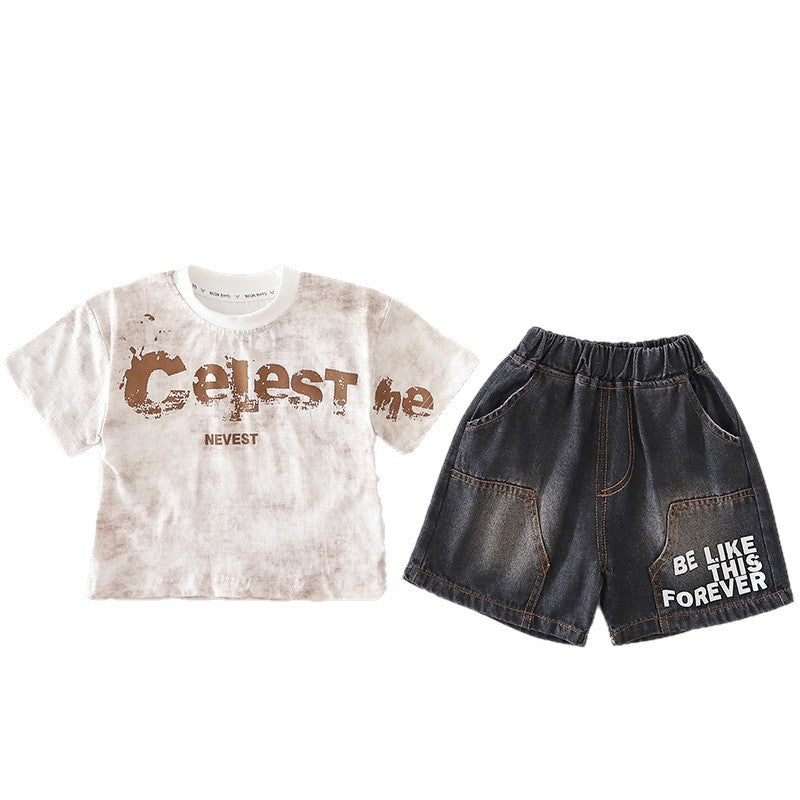 Two piece set of children's letter round neck short sleeved shorts eprolo