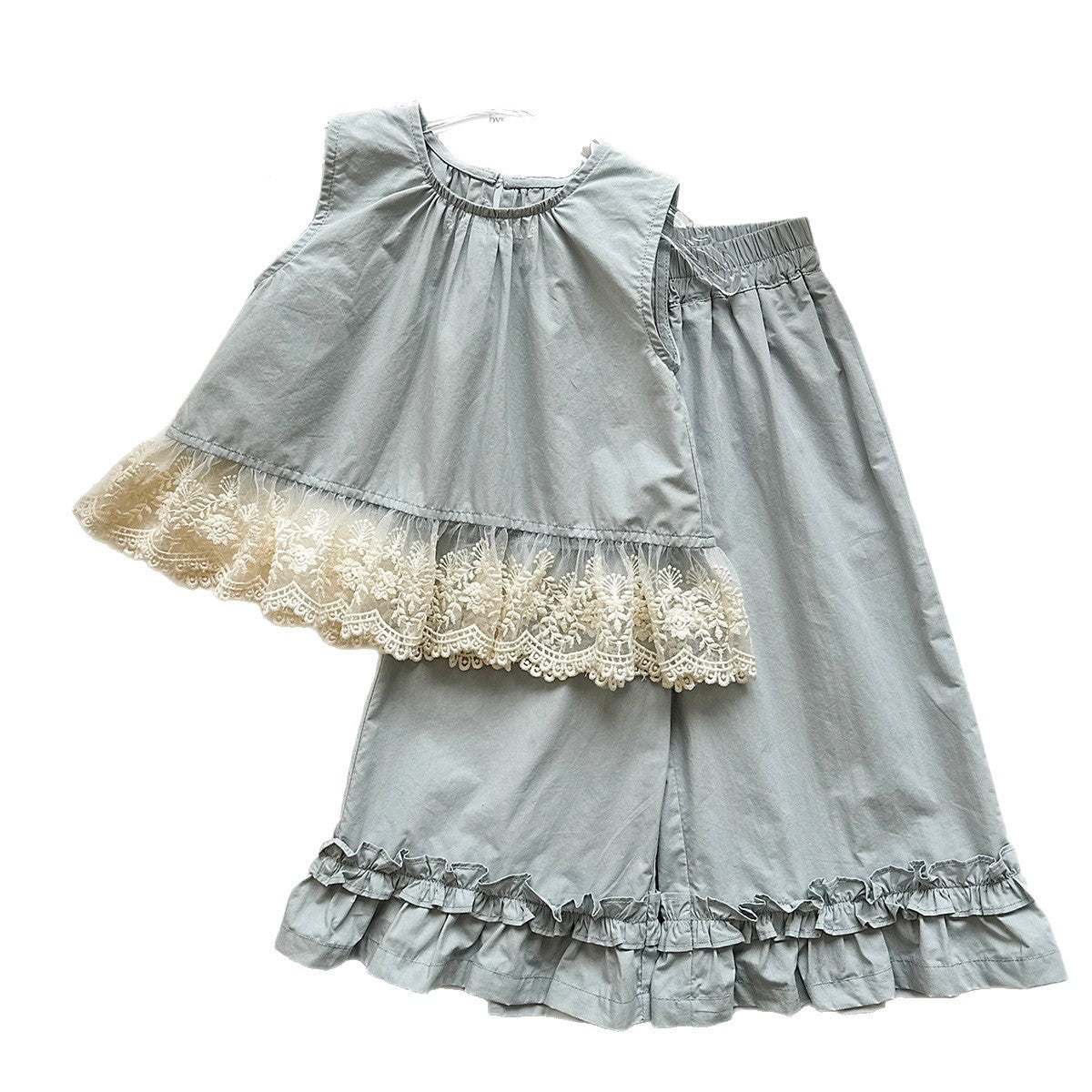 Cute Girls' Ruffled Sleeveless Blouse Set with Mesh e Hem and Peter Pan Collar Wide Leg Pants Two-Piece eprolo