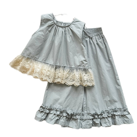 Cute Girls' Ruffled Sleeveless Blouse Set with Mesh e Hem and Peter Pan Collar Wide Leg Pants Two-Piece eprolo