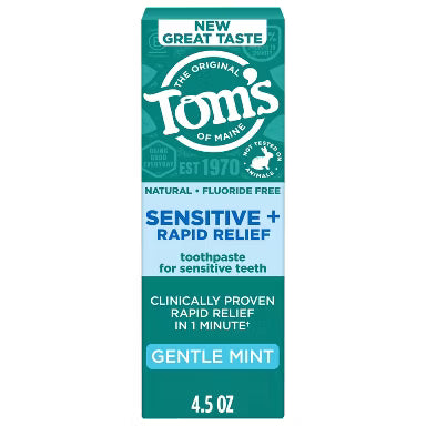 Toms Of Maine Rapid Relief Sensitive Fluoride Free Toothpaste, Gentle Mint, 4.5 OZ Pasteur Pharmacy