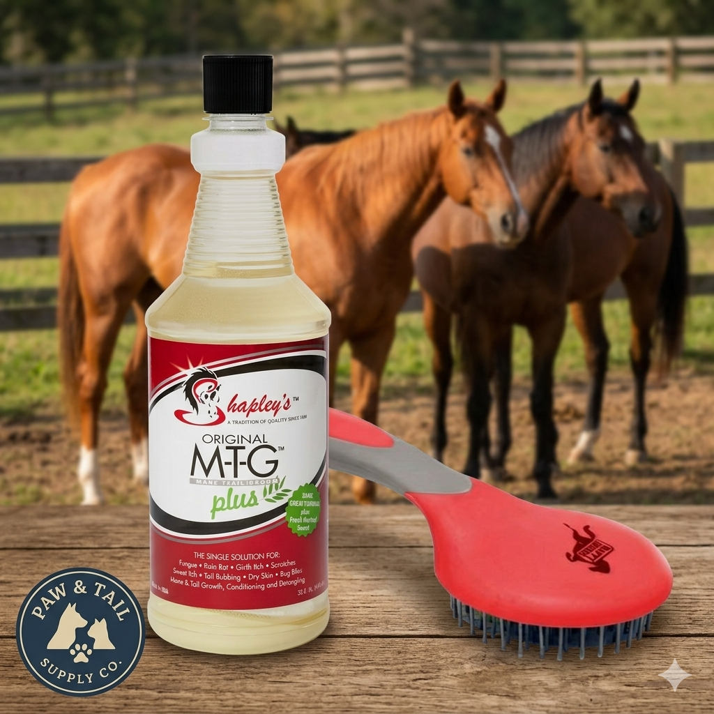 Happy Horse Mane & Tail Brush + Shapley’s M-T-G Plus 32oz Equine Grooming Kit Paw and Tail Supply