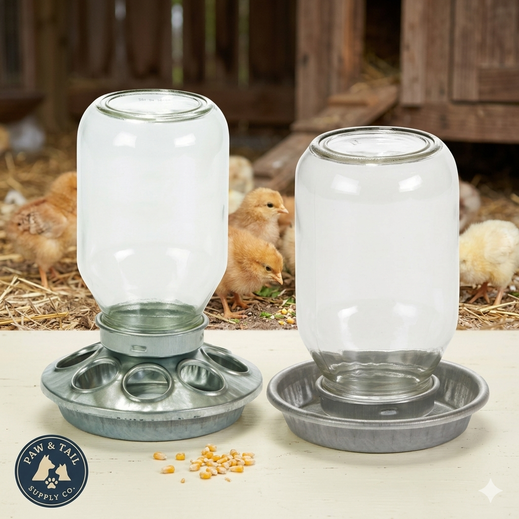 Mason Jar Baby Chick Feeder & Waterer Set - Galvanized Base with Glass Jar Bundle Paw and Tail Supply