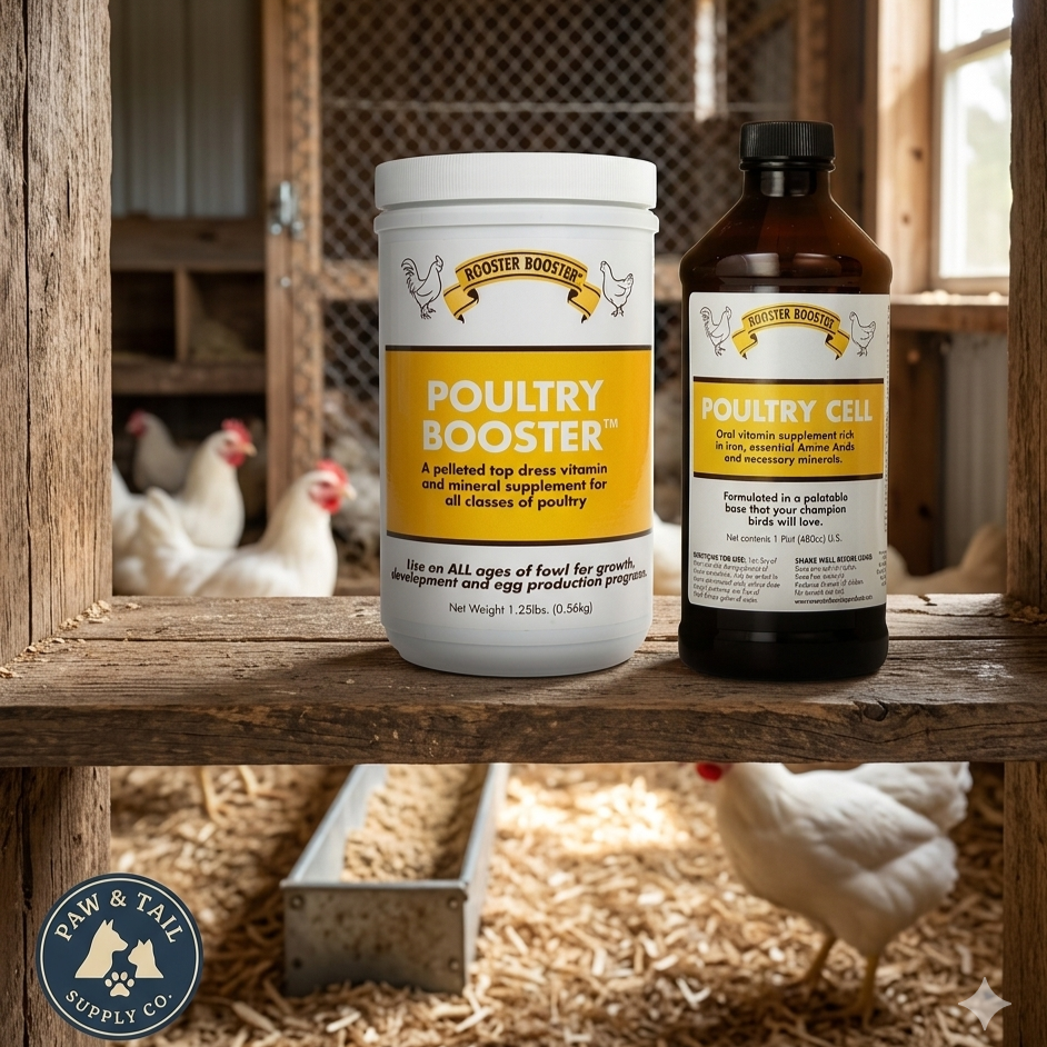 Rooster Booster Poultry Cell 16 oz + Poultry Booster 1.25 lb Poultry Care Bundle Paw and Tail Supply