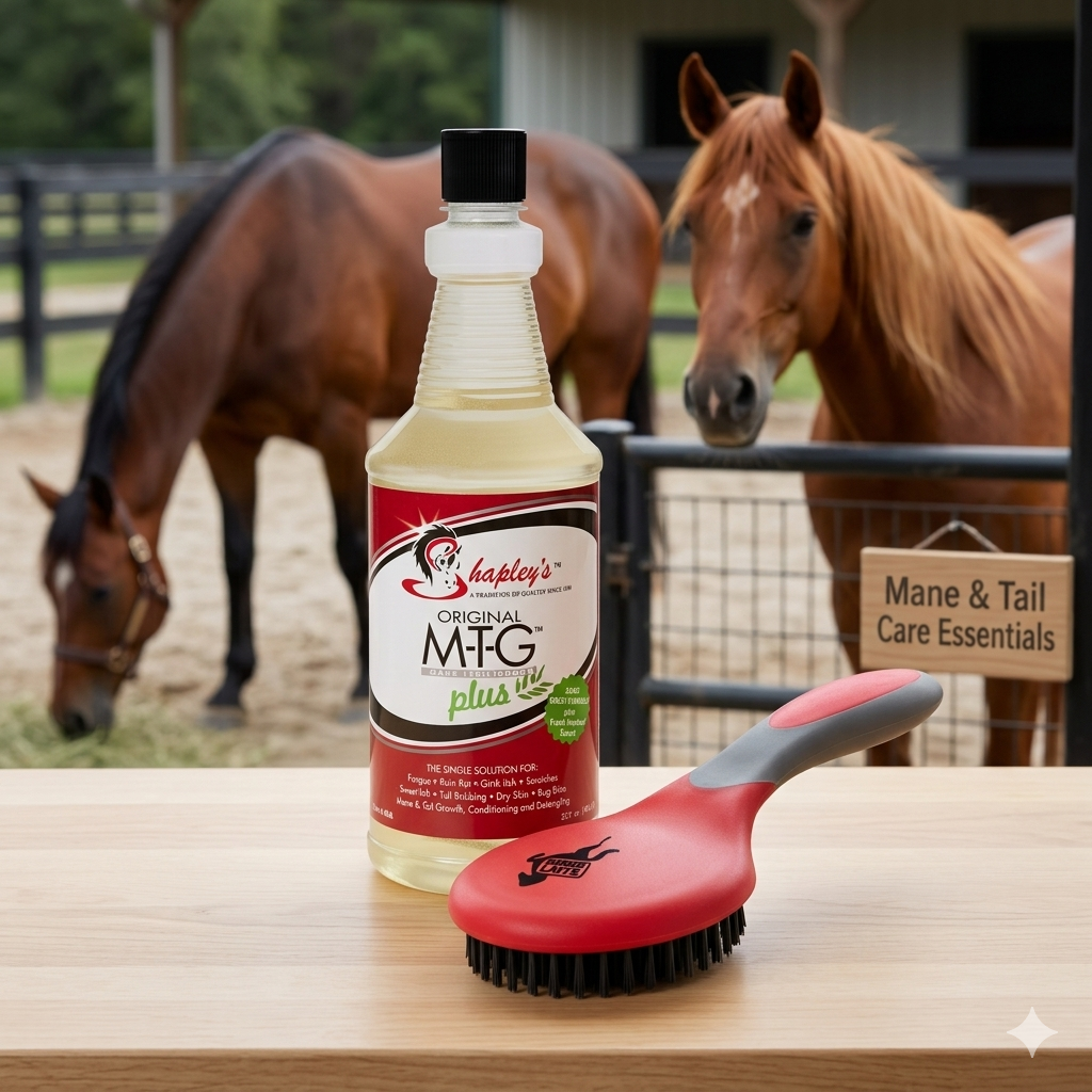 Happy Horse Mane & Tail Brush + Shapley’s M-T-G Plus 32oz Equine Grooming Kit Paw and Tail Supply