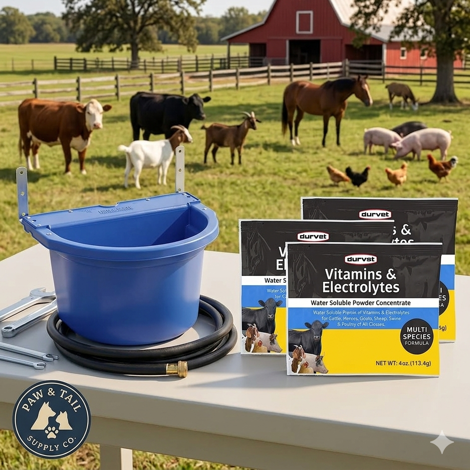 Little Giant 4Gal Waterer + Durvet Vitamins & Electrolytes 4oz 3PCK Livestock Bundle Paw and Tail Supply