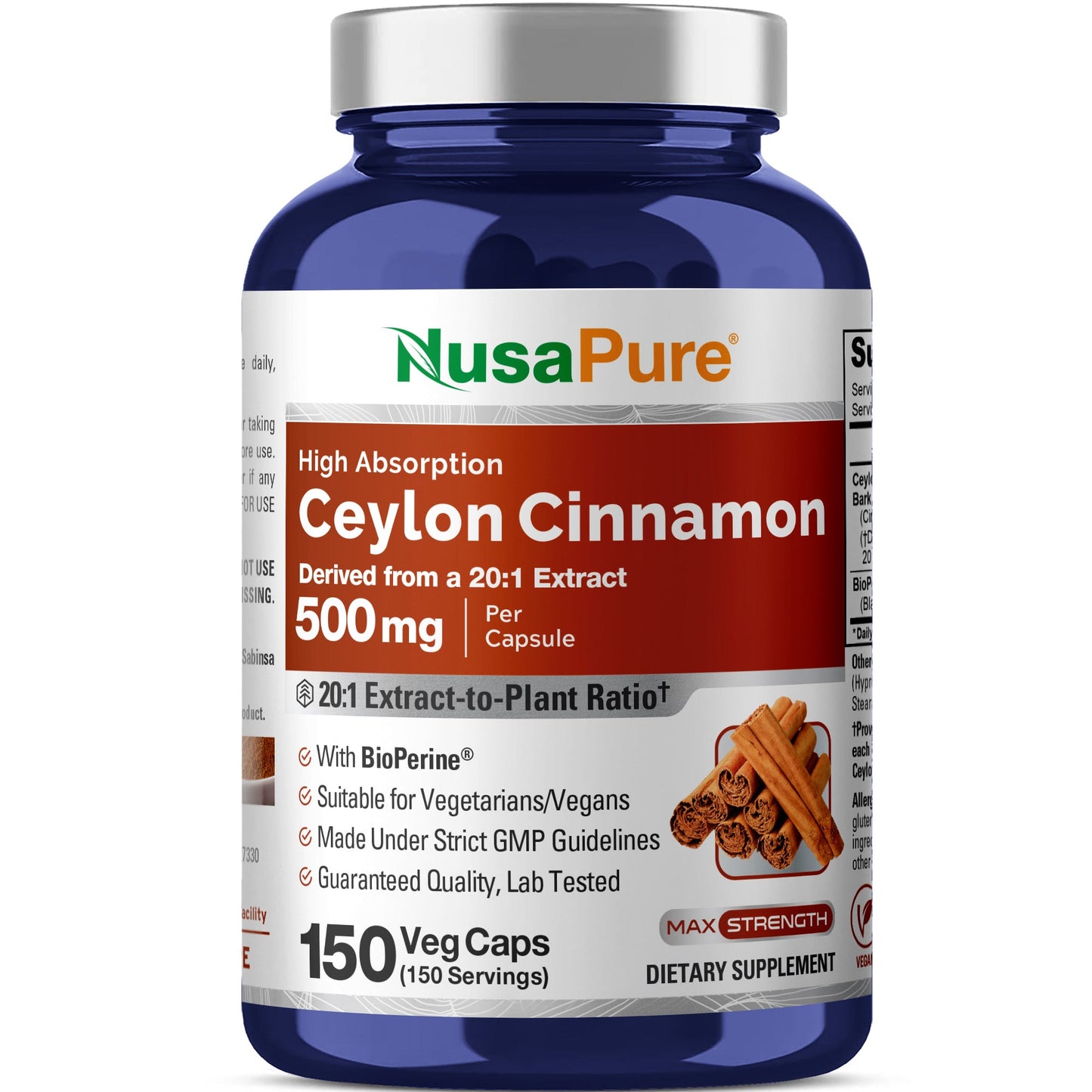 NusaPure Ceylon Cinnamon 20:1 Extract, 500 mg per Capsule | 150 Veggie Capsules | Non-GMO, Vegan with Bioperine NusaPure