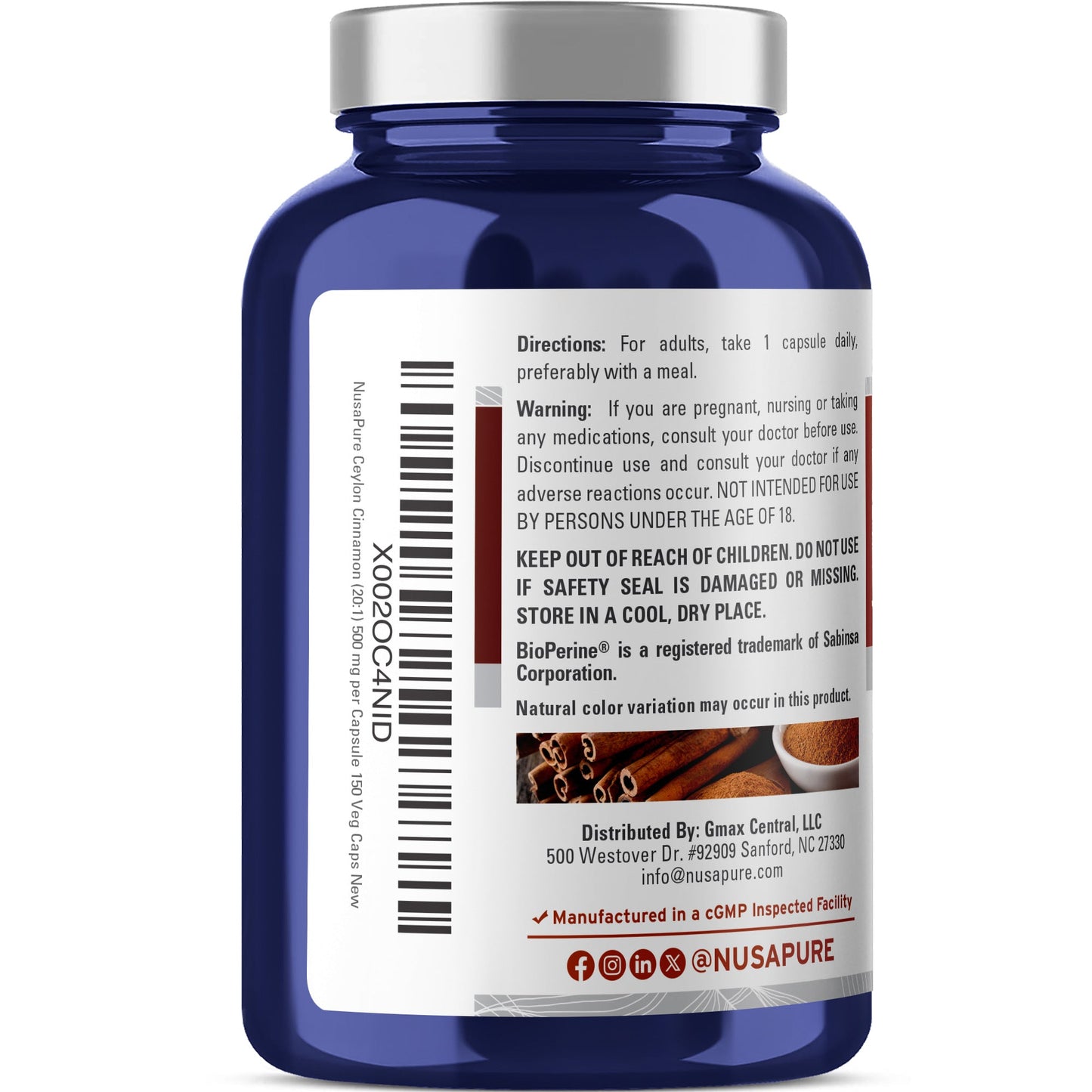 NusaPure Ceylon Cinnamon 20:1 Extract, 500 mg per Capsule | 150 Veggie Capsules | Non-GMO, Vegan with Bioperine NusaPure