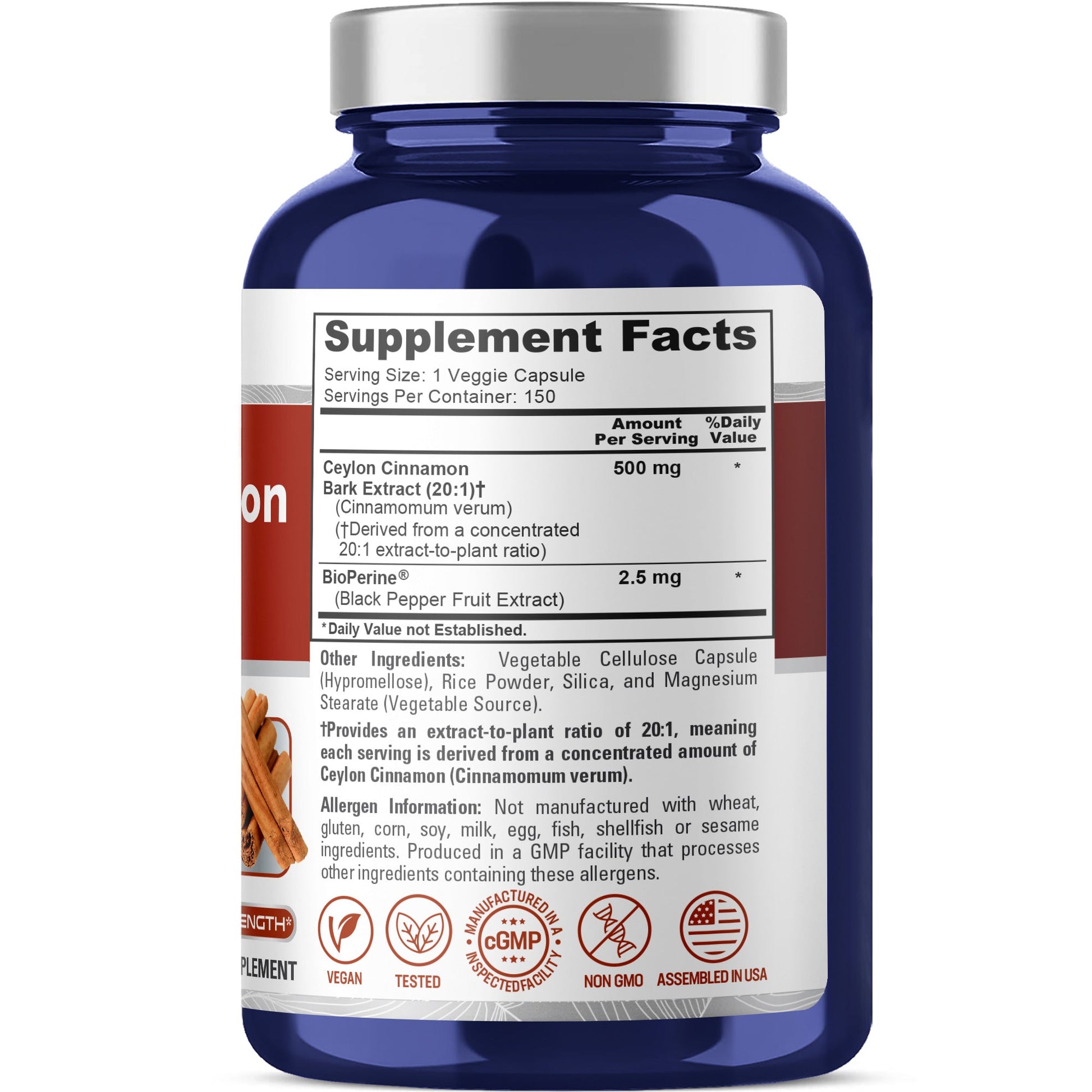 NusaPure Ceylon Cinnamon 20:1 Extract, 500 mg per Capsule | 150 Veggie Capsules | Non-GMO, Vegan with Bioperine NusaPure