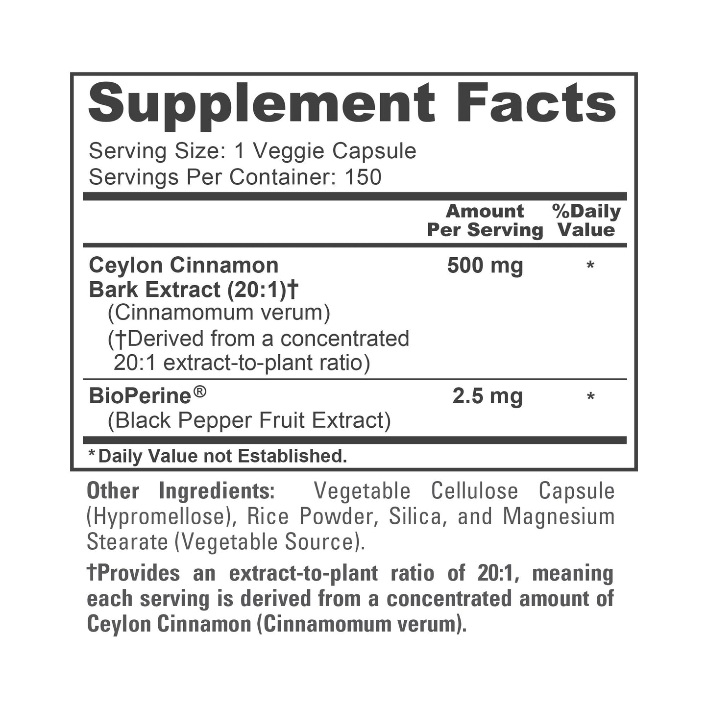 NusaPure Ceylon Cinnamon 20:1 Extract, 500 mg per Capsule | 150 Veggie Capsules | Non-GMO, Vegan with Bioperine NusaPure