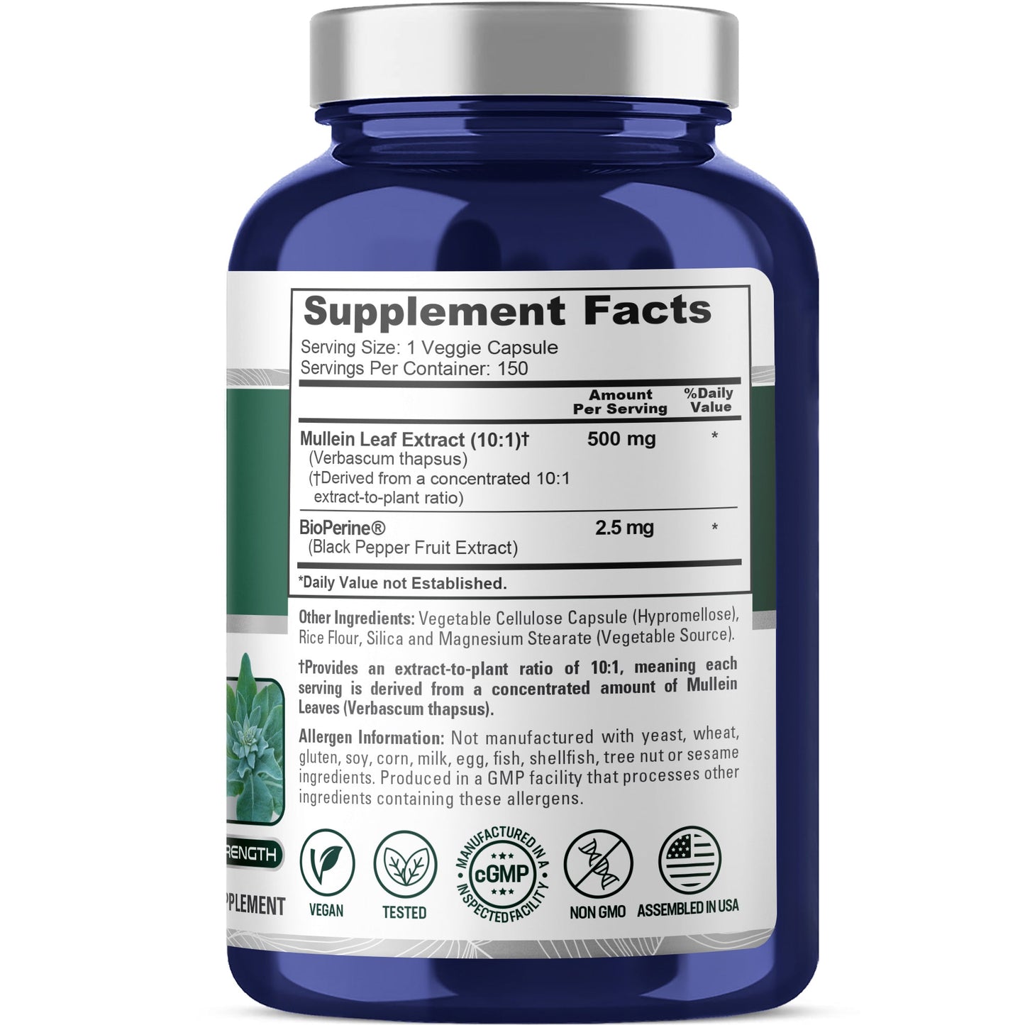 NusaPure Mullein Leaf Capsules 10:1 Extract, 500 mg per Veggie Caps - 150 Count - Verbascum Thapsus (Non-GMO, Vegan) Dietary Supplement NusaPure