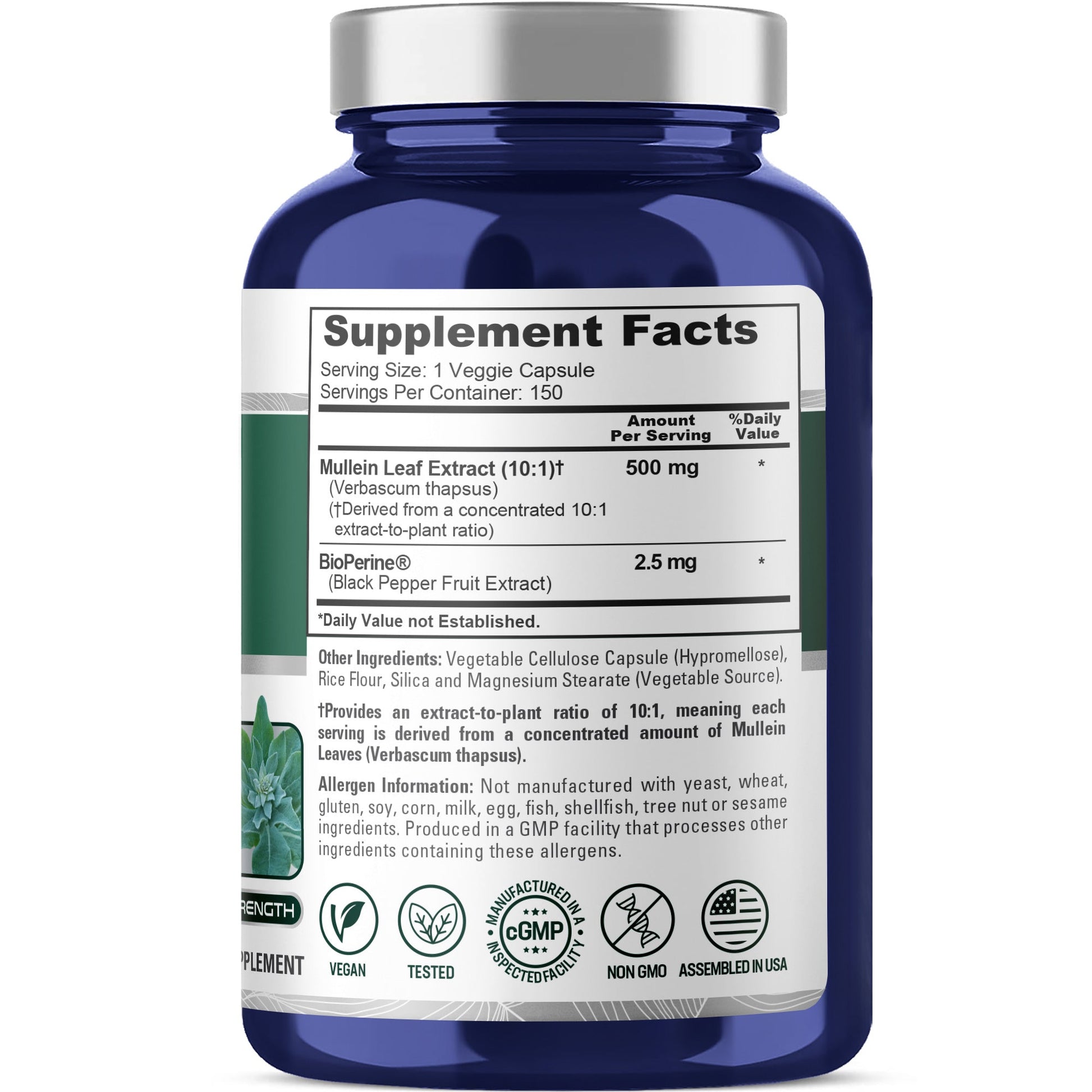 NusaPure Mullein Leaf Capsules 10:1 Extract, 500 mg per Veggie Caps - 150 Count - Verbascum Thapsus (Non-GMO, Vegan) Dietary Supplement NusaPure