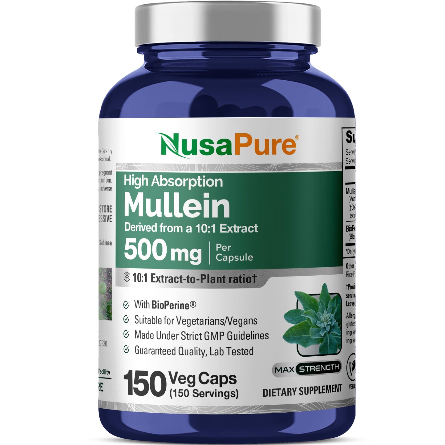 NusaPure Mullein Leaf Capsules 10:1 Extract, 500 mg per Veggie Caps - 150 Count - Verbascum Thapsus (Non-GMO, Vegan) Dietary Supplement NusaPure