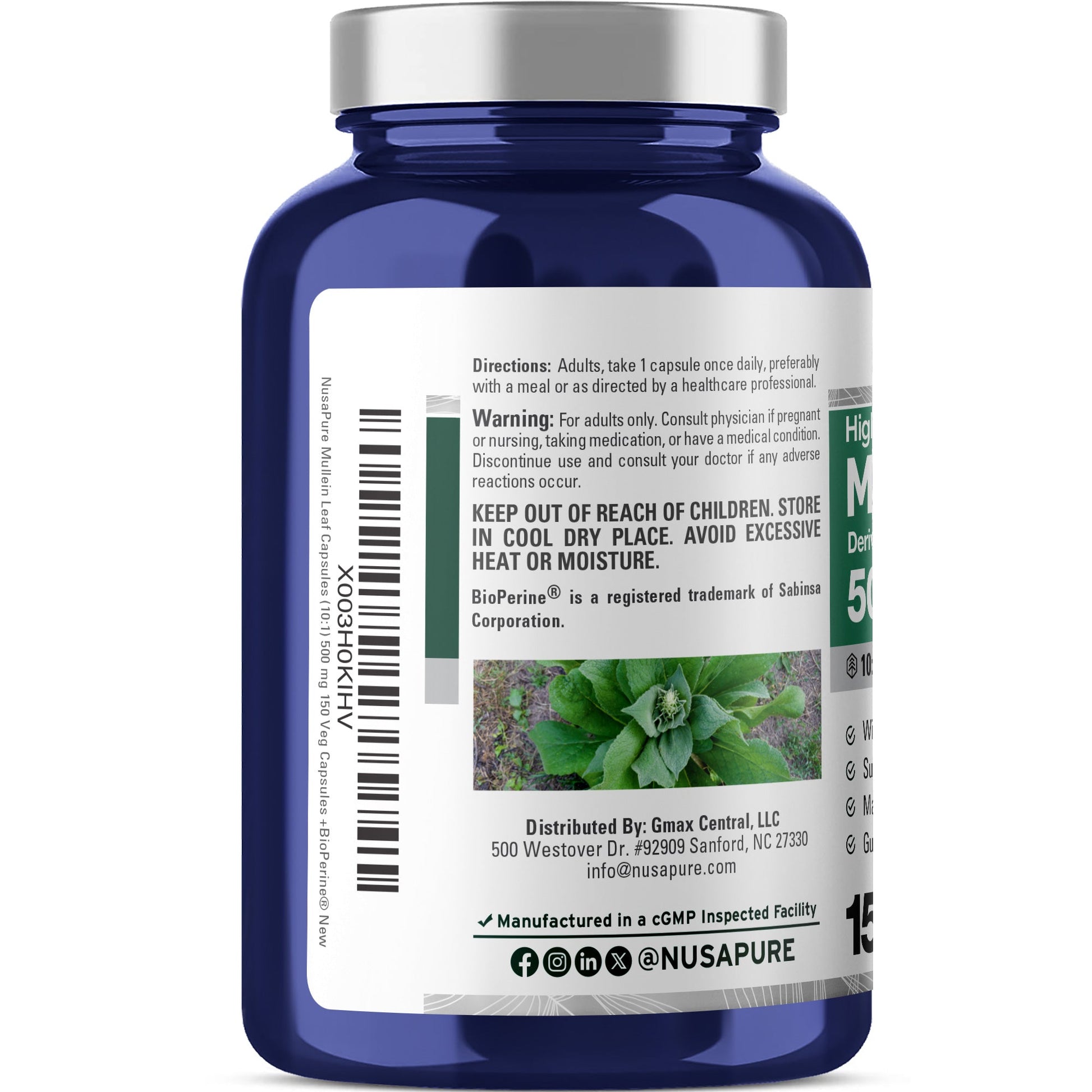 NusaPure Mullein Leaf Capsules 10:1 Extract, 500 mg per Veggie Caps - 150 Count - Verbascum Thapsus (Non-GMO, Vegan) Dietary Supplement NusaPure