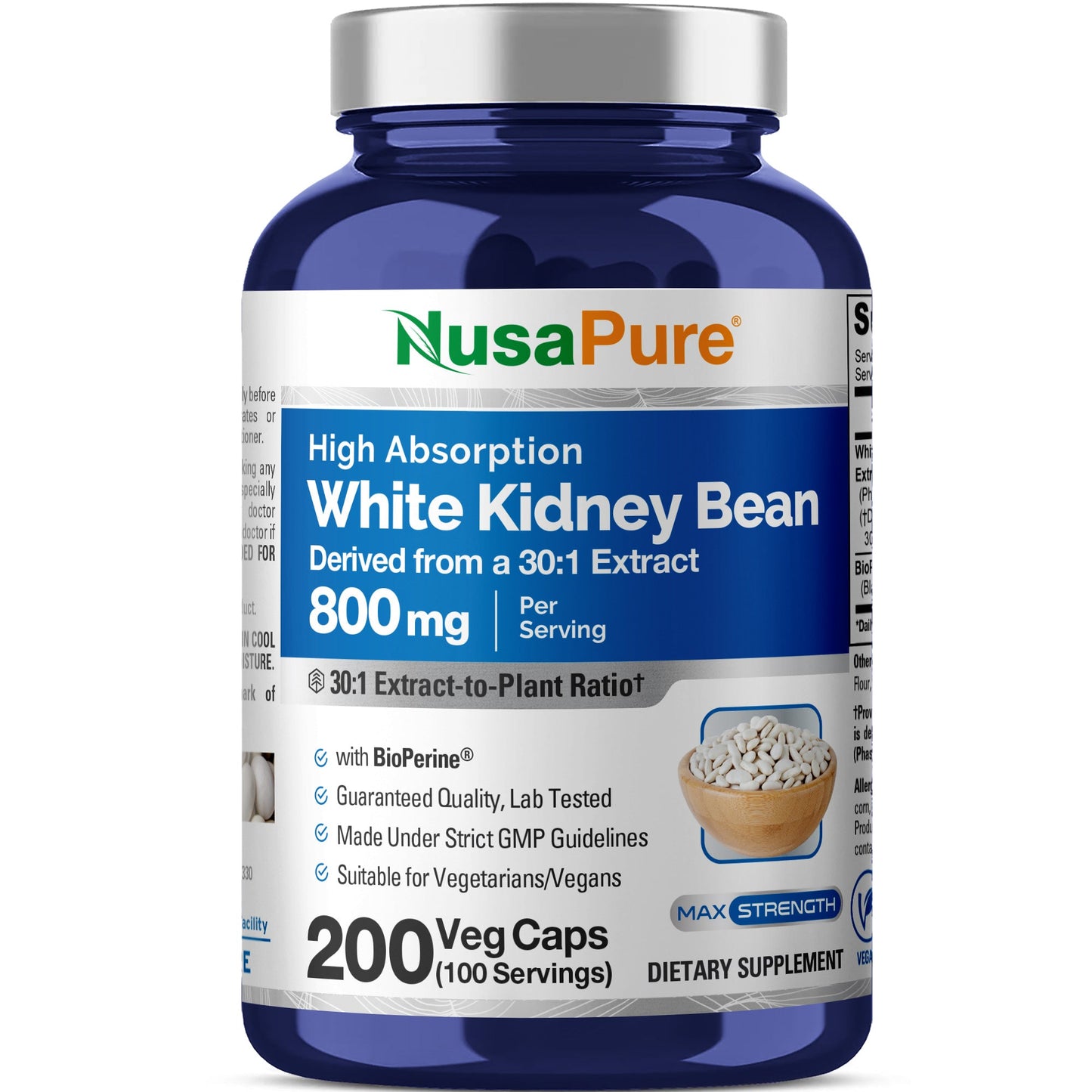 NusaPure White Kidney Beans 30:1 Extract, 800 mg 200 Vegan Capsules - Bioperine - (Vegan, Non-GMO) NusaPure