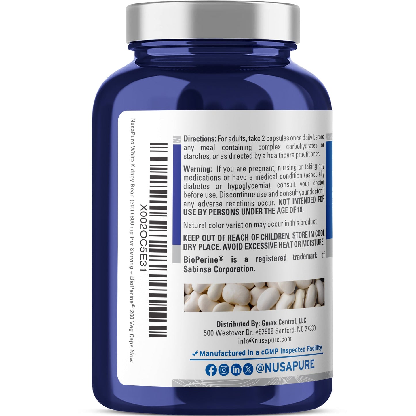 NusaPure White Kidney Beans 30:1 Extract, 800 mg 200 Vegan Capsules - Bioperine - (Vegan, Non-GMO) NusaPure