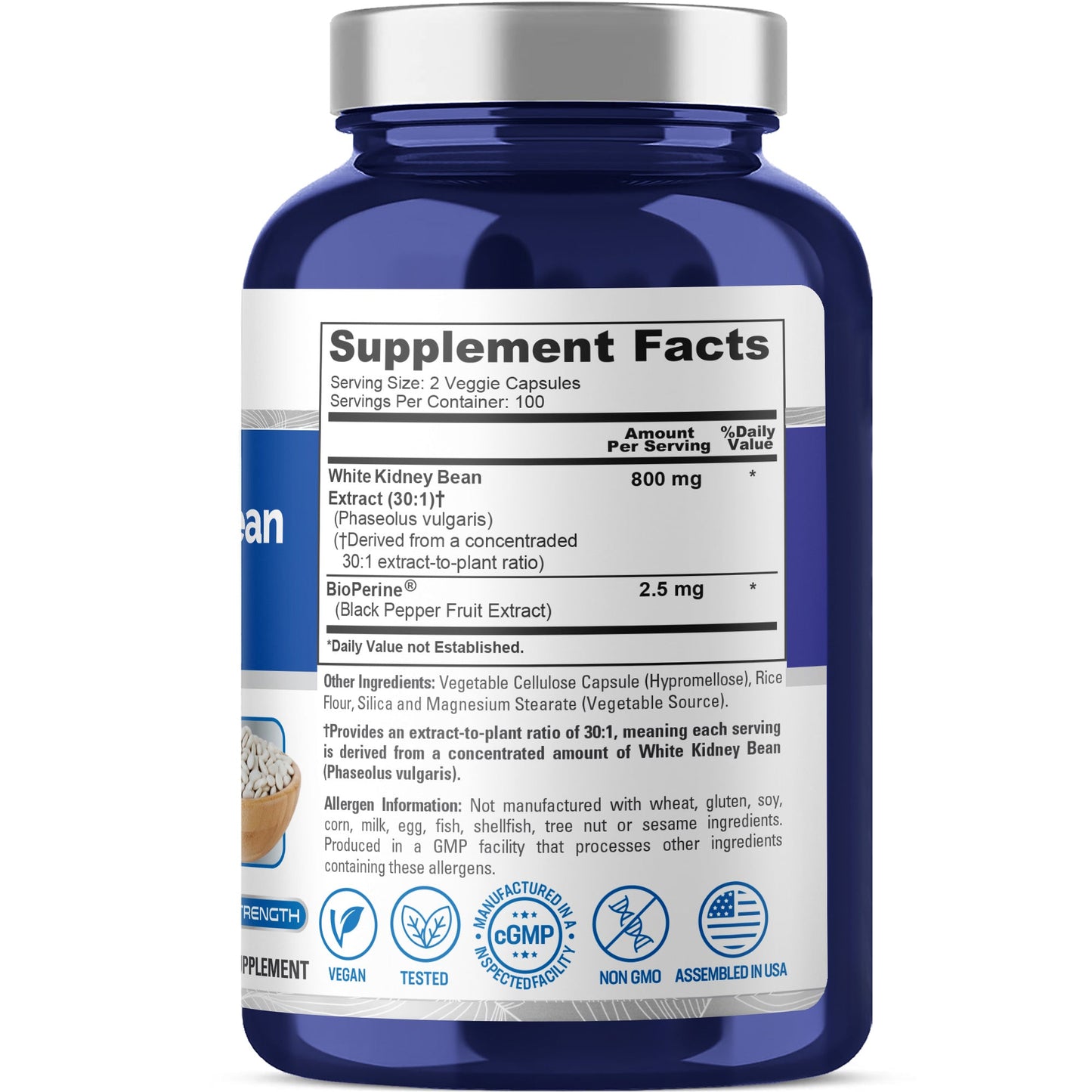 NusaPure White Kidney Beans 30:1 Extract, 800 mg 200 Vegan Capsules - Bioperine - (Vegan, Non-GMO) NusaPure