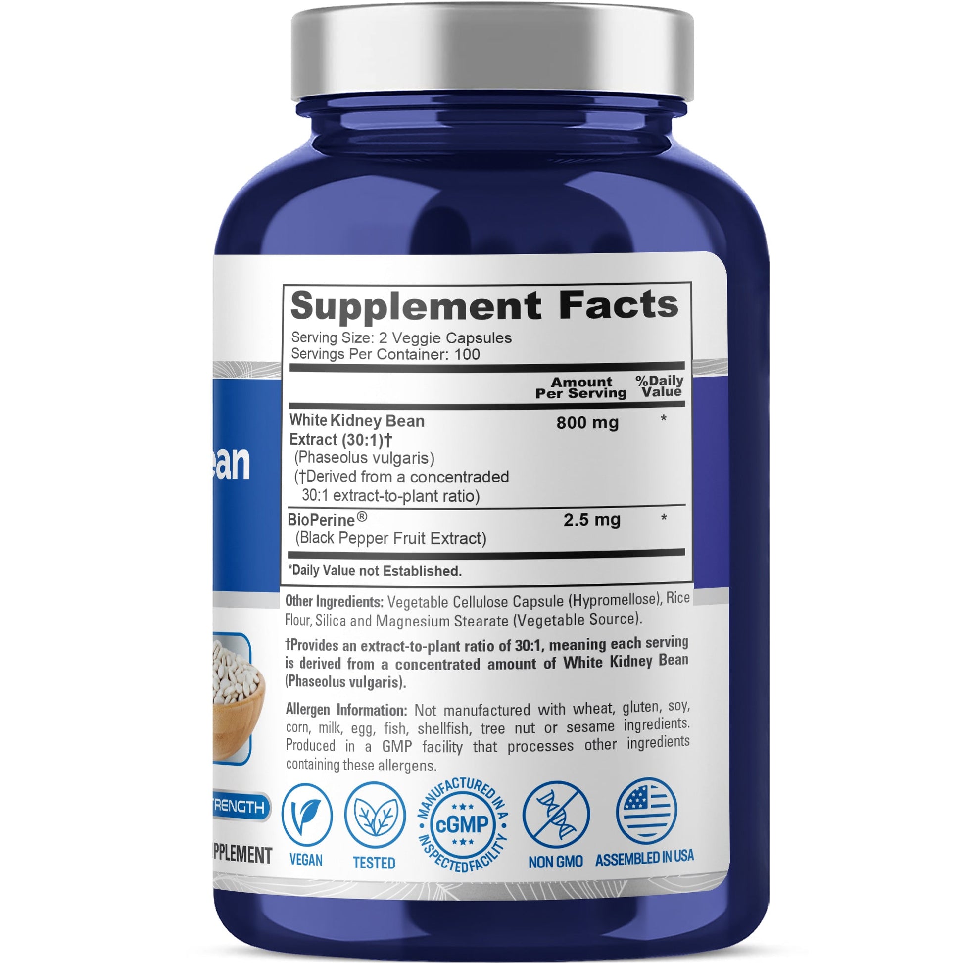 NusaPure White Kidney Beans 30:1 Extract, 800 mg 200 Vegan Capsules - Bioperine - (Vegan, Non-GMO) NusaPure