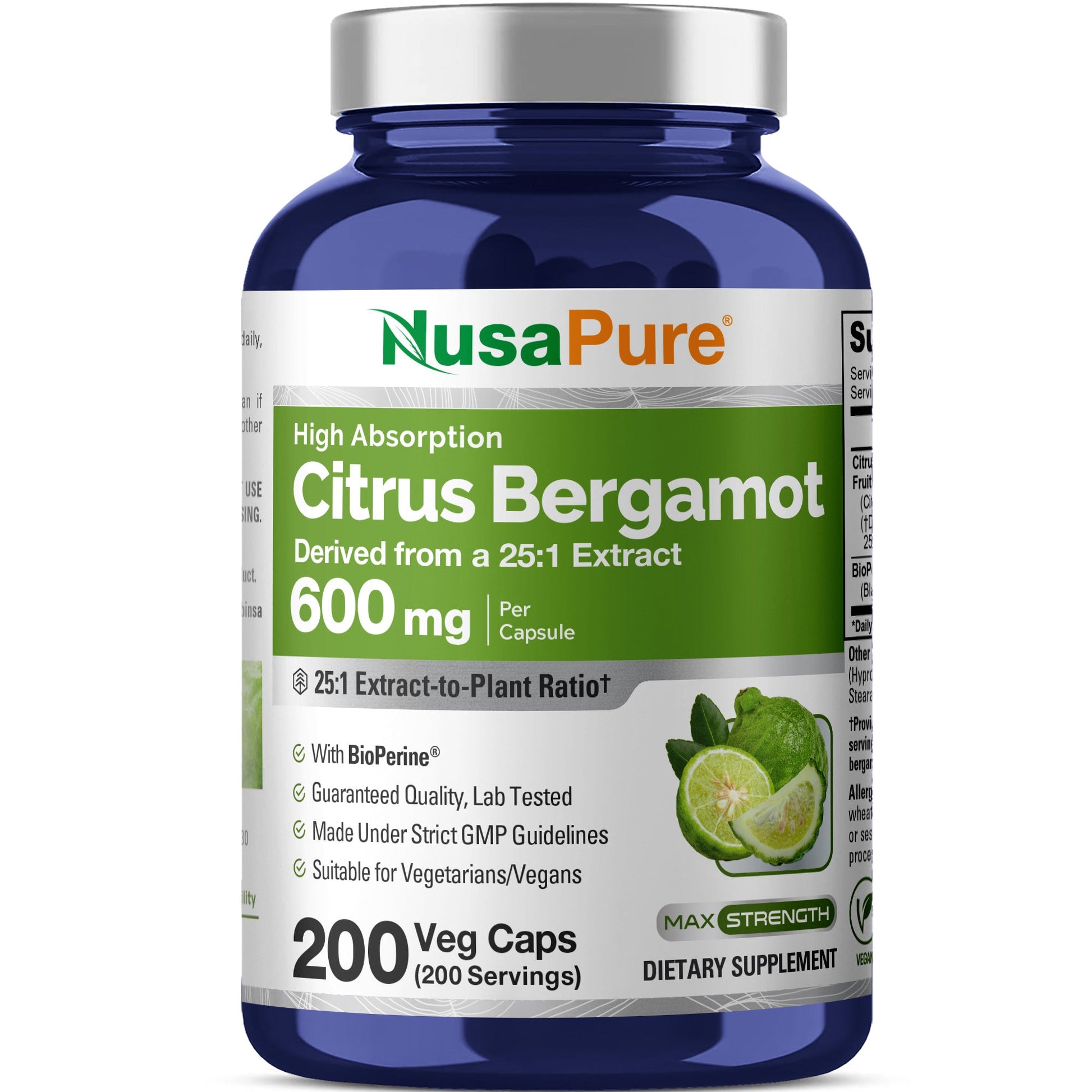 NusaPure Citrus Bergamot Capsules 600mg, 200 Capsules - 25:1 Bergamot Extract - 200 Servings, Bioperine, Vegan, Non-GMO NusaPure