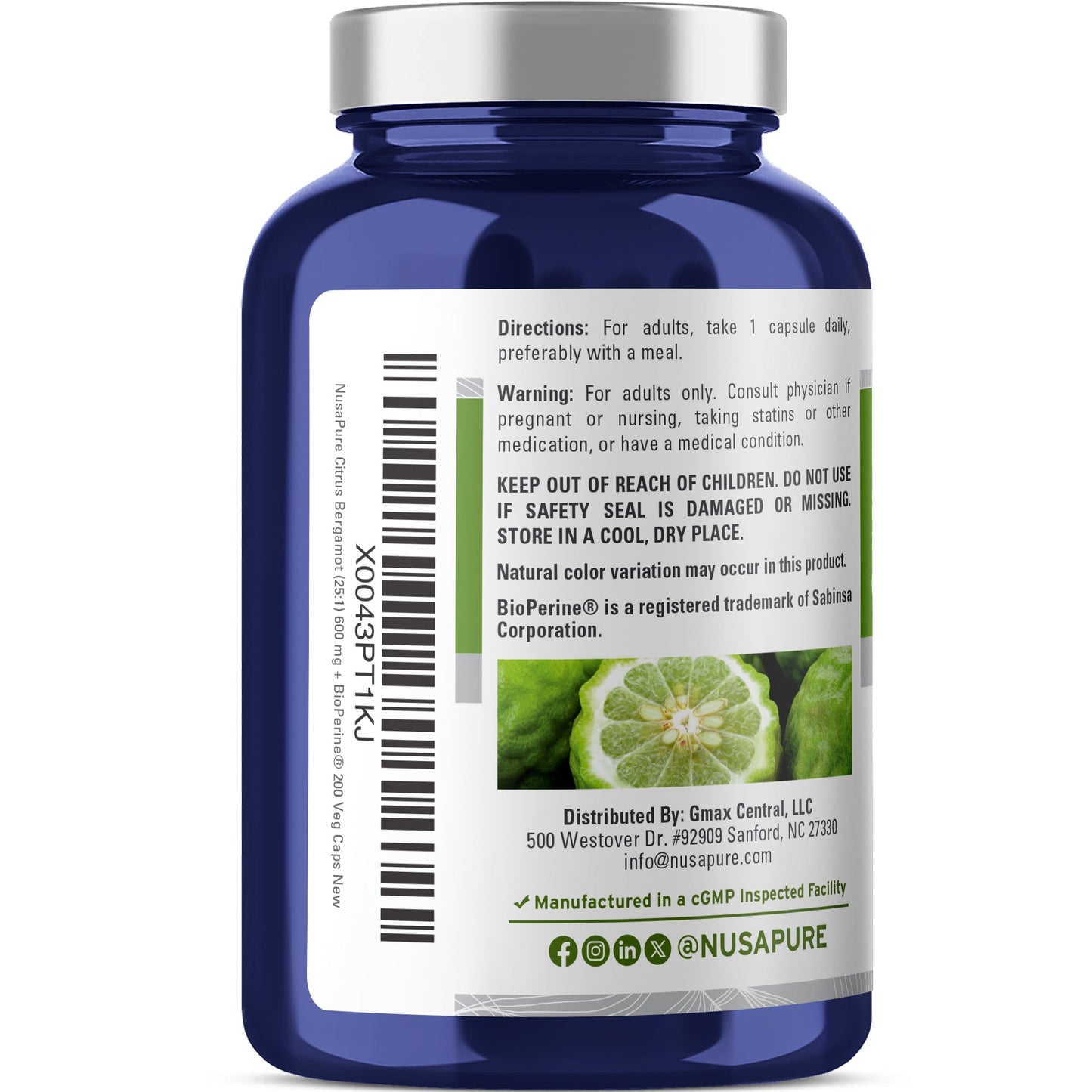 NusaPure Citrus Bergamot Capsules 600mg, 200 Capsules - 25:1 Bergamot Extract - 200 Servings, Bioperine, Vegan, Non-GMO NusaPure